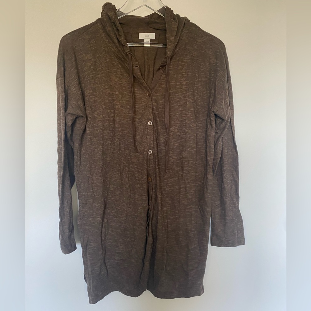 J. Jill Button Front Cardigan Women Brown Hooded Linen Cotton Long Sleeve.
